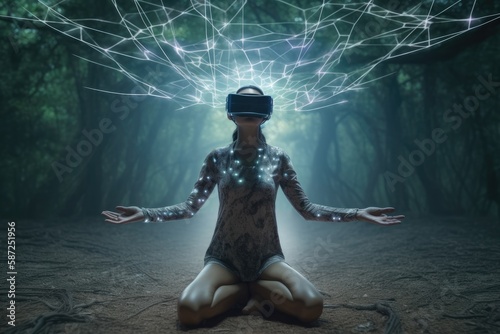 Young athletic woman wearing VR headset, practising yoga and meditation in futuristic Way. Her consciousness is transformed into beautiful and peaceful forest photo