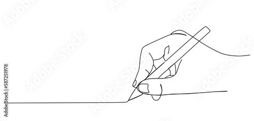 Hand holding pen Continuous line drawing. Hand drawing line with pen in one line drawing isolated on white background. Vector illustration