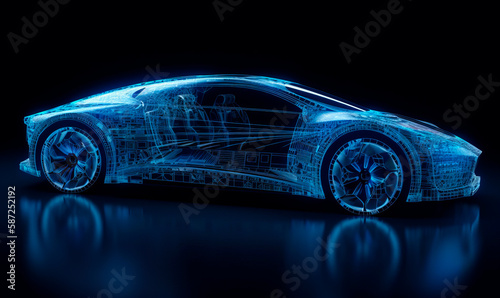 Digital image of a new car. Automobile 3D graphic visualization of a vehicle prototype. Black backdrop. Generative AI. photo