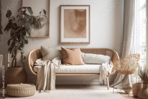 Scandi Boho mockup frame on interior background, soft pastel hues. Generative AI