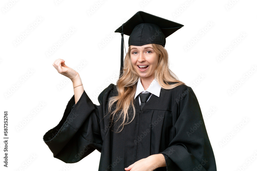 Young university English graduate woman over isolated background making guitar gesture Young university English graduate woman over isolated background making guitar gesture