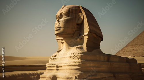ancient sphinx with human head, egyptian mythology, mysterious monument in desert, generative AI photo