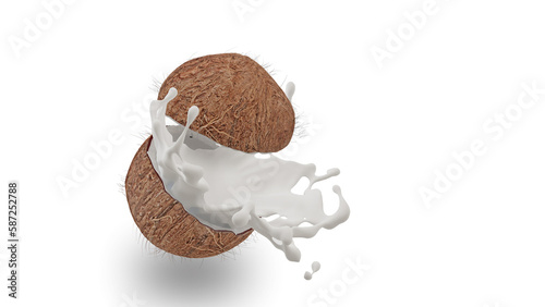 coconut milk splash swirl realistic background White liquid organic milk on background of broken tropical coconut and whole with cream texture 3d render