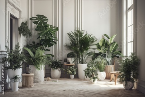 Modern green plants in different containers adorn the chic environment. Modern house garden. Modern jungle interior. Plant filled house décor. Generative AI