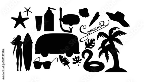 Summertime silhouette set with flamingo, hat, starfish, seashells, surfboard and sunglasses, palm tree, sunscreen, leaves. Beach silhouette set of elements. vector illustration.
