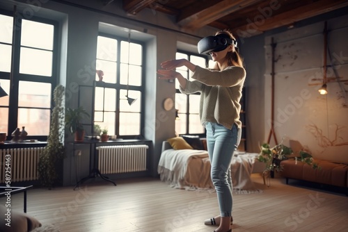 Beautiful young woman wearing VR glasses headset and having fun in her modern apartment © Tixel