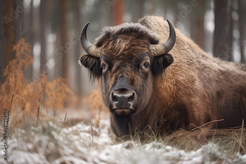 Bison Bonasus, a species of European bison, Knyszyn forest, Poland. Generative AI