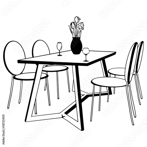 dining table outline, Hand drawn outline illustration, kitchen appliances element