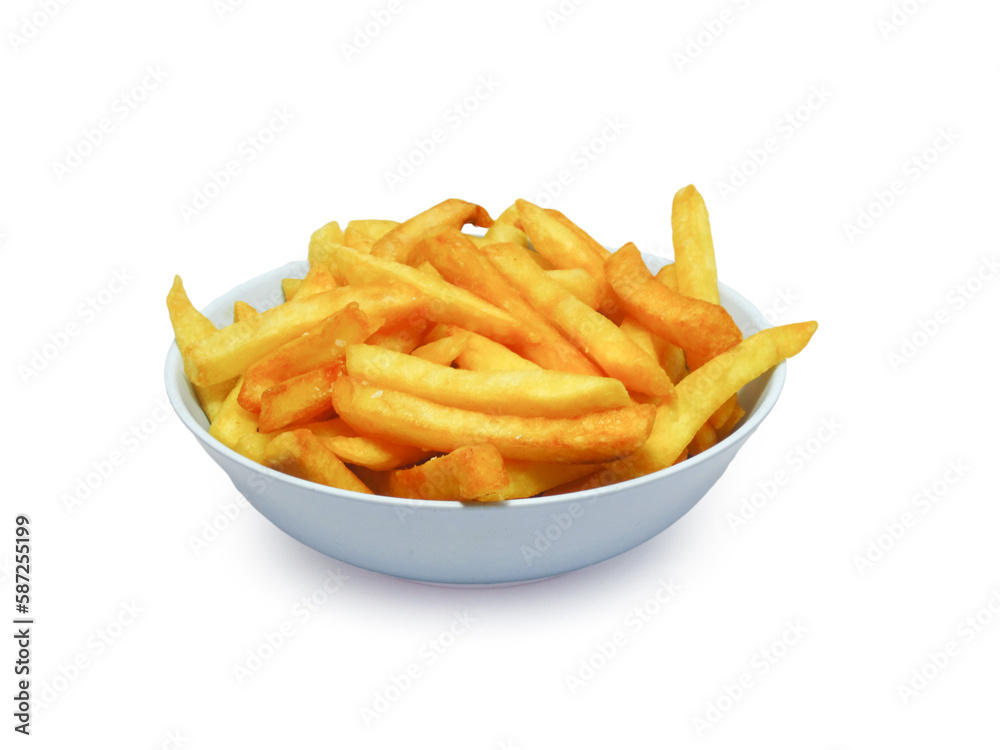 top view of French fries in a blue bowl Isolated on white background with clipping path. top view of French fries in a blue bowl Isolated on white background with clipping path.