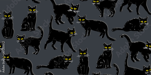 Seamless pattern featuring a Halloween black cat with yellow eyes. A flat cartoon cat in retro style is sitting, standing. An angry, dissatisfied, frowning animal. Black cats on blue. Print