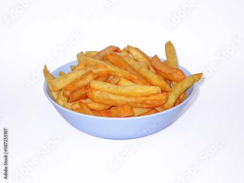 top view of French fries in a blue bowl Isolated on white background with clipping path.