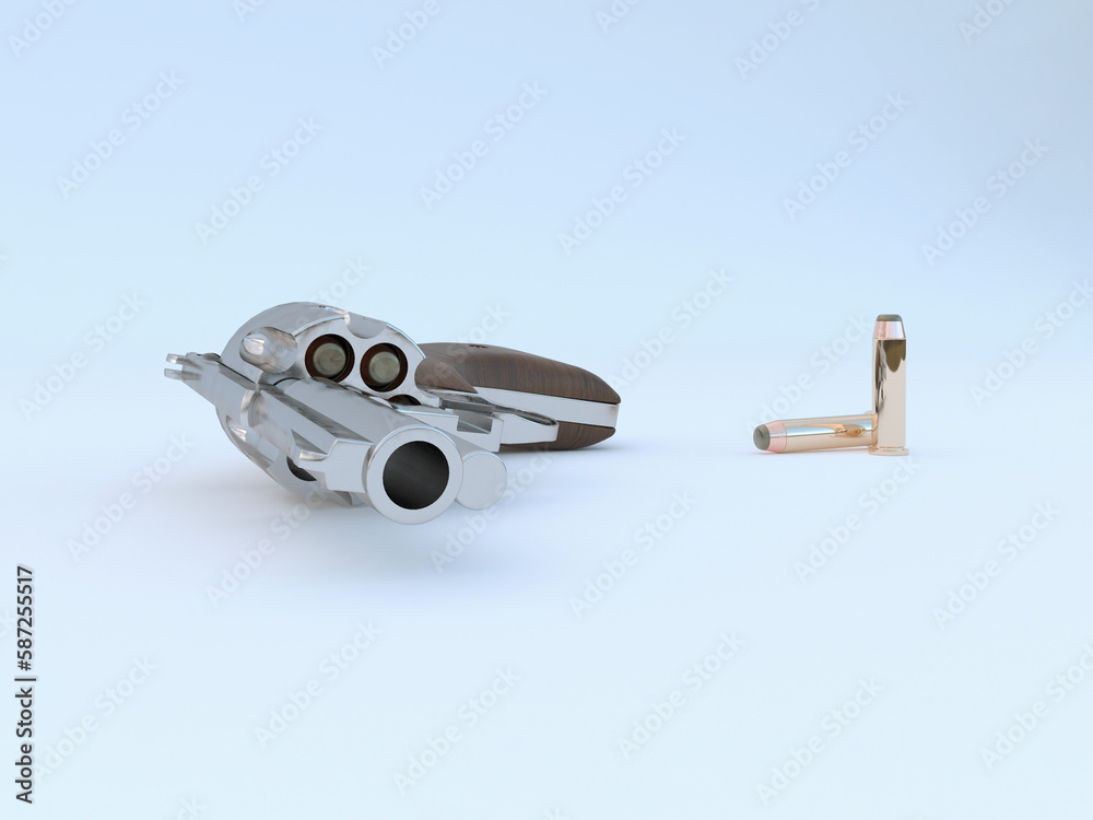 3D render - a silver revolver and two cartridges for it on a white background