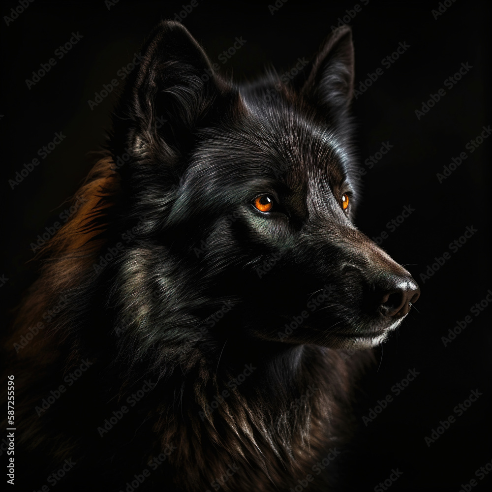 Portrait of a black wolf. Generative AI