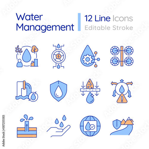 Water supply management RGB color icons set. Control and protect aqua sources. Freshwater consumption. Isolated vector illustrations. Simple filled line drawings collection. Editable stroke