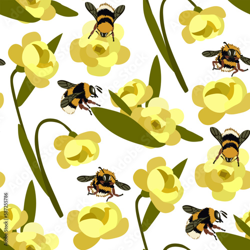 A pattern of realistic bees and bumblebees with yellow flowers on a white background. Light pattern with insects. Bee Day. Suitable for printing on textiles and paper. Gift packaging