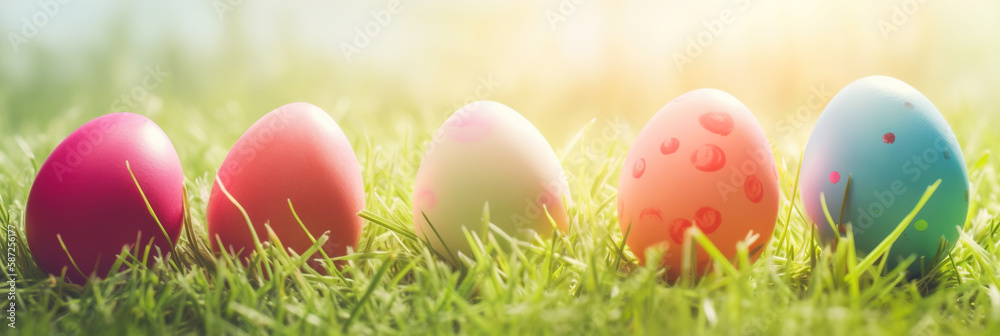 Easter eggs in the grass on a sunny spring meadow, blue sky panorama background banner 