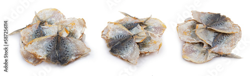 Dry salted yellowstripe scad. Dried small fish isolated, selaroides snack, stockfish beer snacks, dried flat fillet