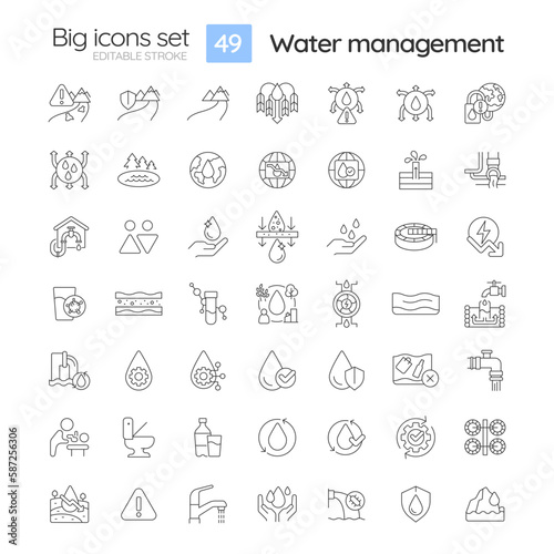 Water management linear icons set. Fresh aqua sources protection. Effective consumption and treatment. Customizable thin line symbols. Isolated vector outline illustrations. Editable stroke
