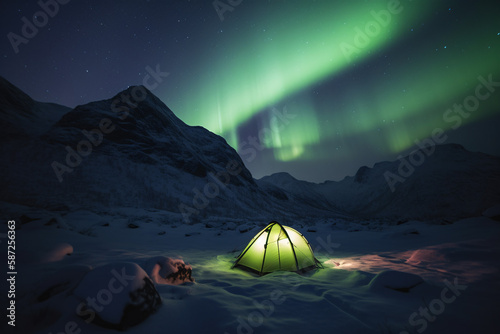 Northern Lights Camping Adventure  A Majestic Winter Wonder in the Mountains  Generative AI