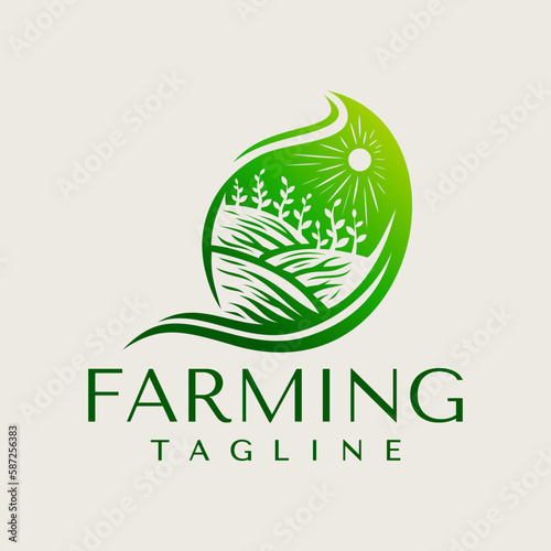 Illustrative organic farm landscape in leaf form logo design