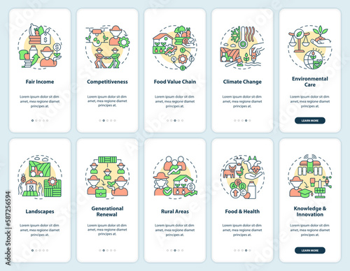 Agriculture policy objectives types onboarding mobile app screens set. Walkthrough 5 steps editable graphic instructions with linear concepts. UI, UX, GUI template. Myriad Pro-Bold, Regular fonts used