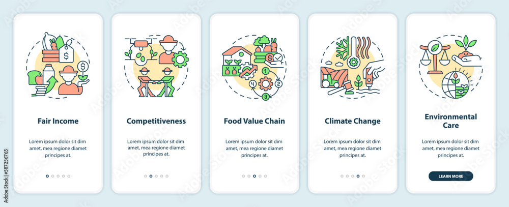 Agriculture policy objectives onboarding mobile app screen. Walkthrough 5 steps editable graphic instructions with linear concepts. UI, UX, GUI template. Myriad Pro-Bold, Regular fonts used