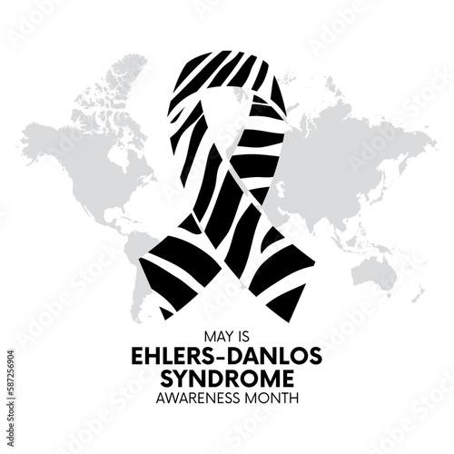 May is Ehlers-Danlos syndrome Awareness Month vector illustration. EDS black and white awareness ribbon icon. Zebra ribbon and world map vector on a white background. Important day photo