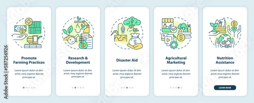 Agricultural subsidies onboarding mobile app screen. Walkthrough 5 steps editable graphic instructions with linear concepts. UI, UX, GUI template. Myriad Pro-Bold, Regular fonts used
