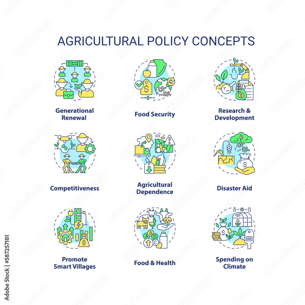Fototapeta premium Agricultural policy concept icons set. Law regulation of farming business idea thin line color illustrations. Isolated symbols. Editable stroke. Roboto-Medium, Myriad Pro-Bold fonts used