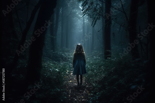 little girl walking In the dark mystery forest, back view. seemingly lost and alone in the shadowy woods. Generative AI