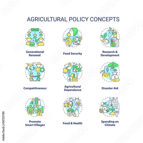 Agricultural policy concept icons set. Law regulation of farming business idea thin line color illustrations. Isolated symbols. Editable stroke. Roboto-Medium, Myriad Pro-Bold fonts used