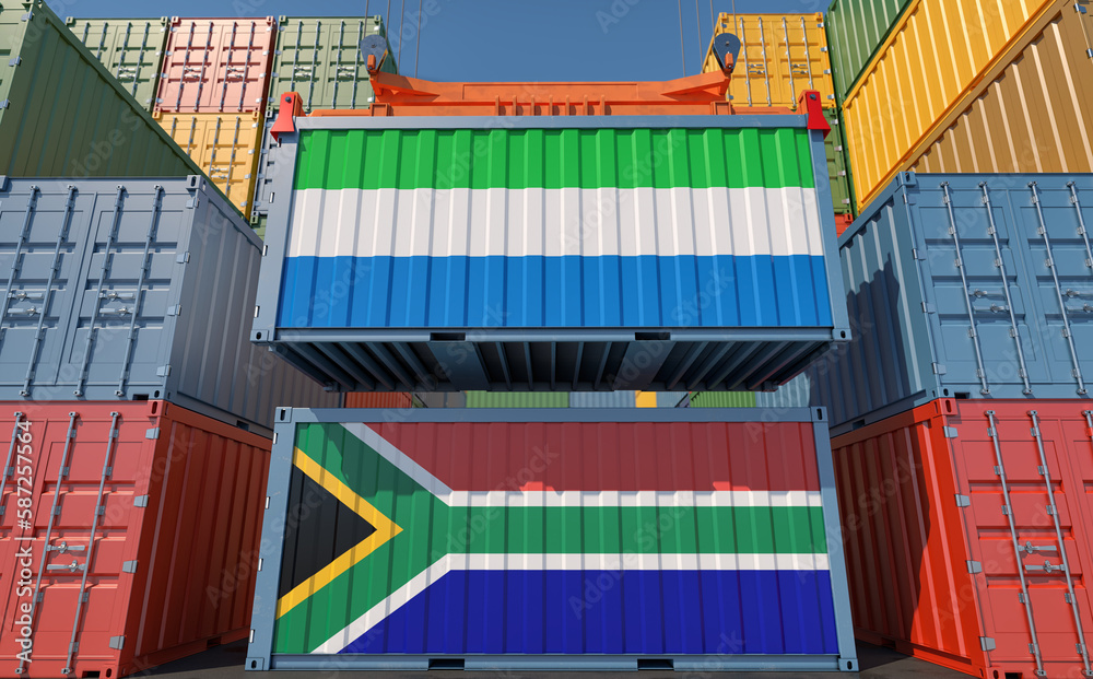 Shipping containers with Sierra Leone and South Africa national flags ...