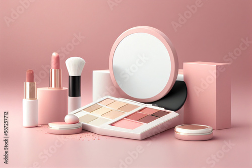 Cosmetic products on a pink background. 3d rendering mock up generative ai photo
