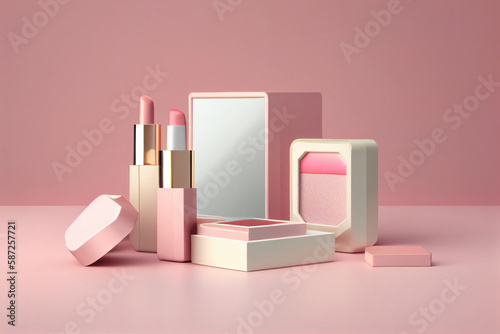 Cosmetic products on a pink background. 3d rendering mock up generative ai