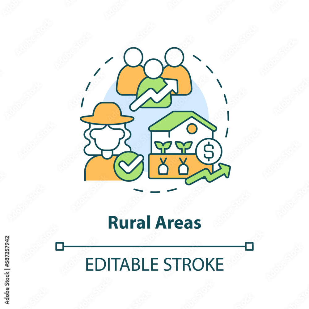 Rural areas concept icon. Jobs, growth and equality. Agriculture policy objective abstract idea thin line illustration. Isolated outline drawing. Editable stroke. Arial, Myriad Pro-Bold fonts used Rural areas concept icon. Jobs, growth and equality. Agriculture policy objective abstract idea thin line illustration. Isolated outline drawing. Editable stroke. Arial, Myriad Pro-Bold fonts used