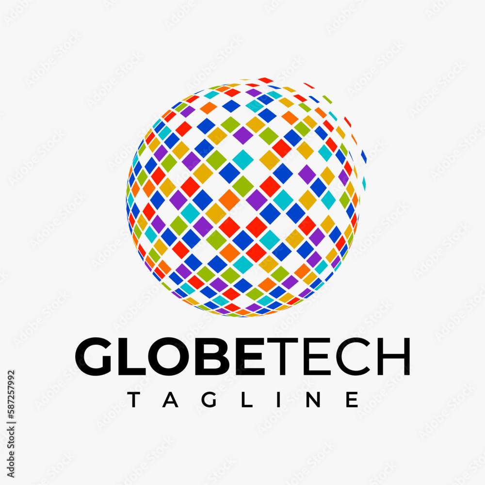 Modern technology colorful pixel globe logo design