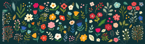 Beautiful flower collection with roses, leaves, floral bouquets, flower compositions.	