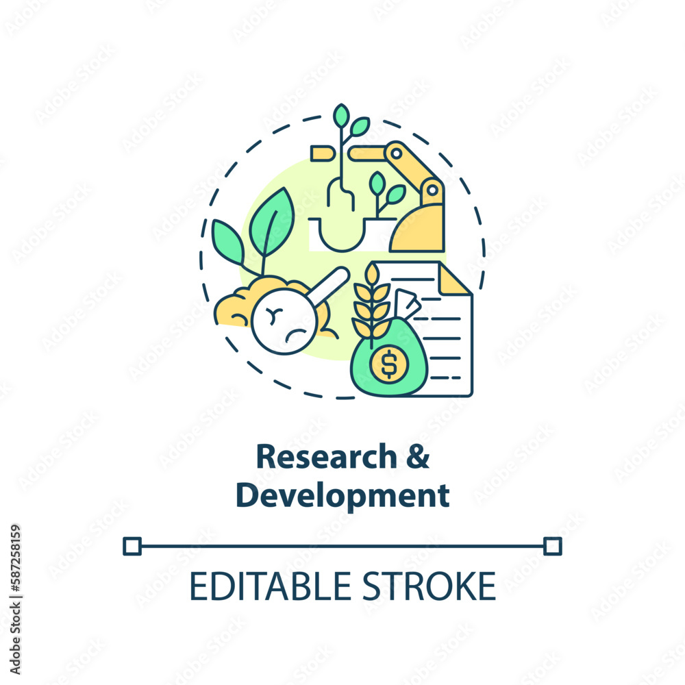 Research and development concept icon. Farming industry. Agricultural subsidy abstract idea thin line illustration. Isolated outline drawing. Editable stroke. Arial, Myriad Pro-Bold fonts used