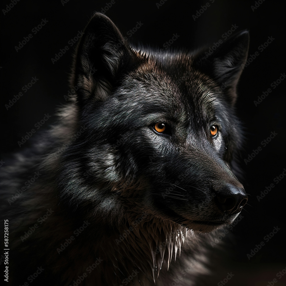 Portrait of a black wolf. Generative AI Portrait of a black wolf. Generative AI