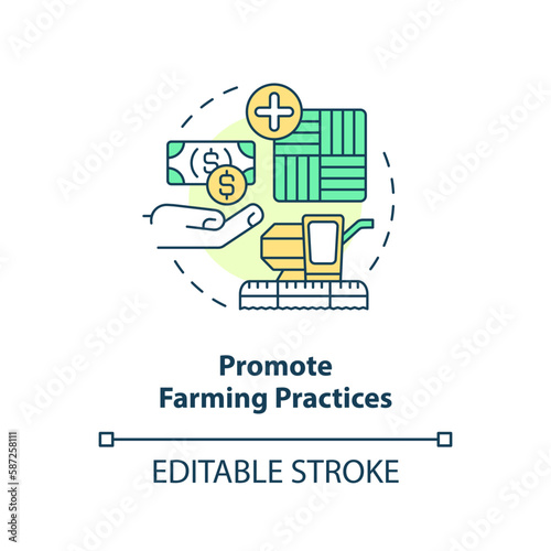 Promote farming practices concept icon. Business support. Agricultural subsidy abstract idea thin line illustration. Isolated outline drawing. Editable stroke. Arial, Myriad Pro-Bold fonts used