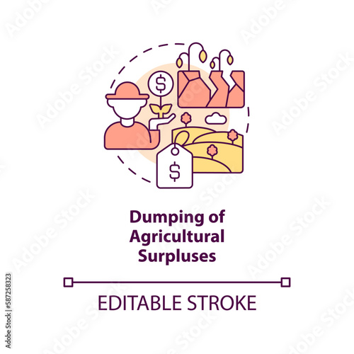 Dumping of agricultural surpluses concept icon. Disadvantage of farming policy abstract idea thin line illustration. Isolated outline drawing. Editable stroke. Arial, Myriad Pro-Bold fonts used