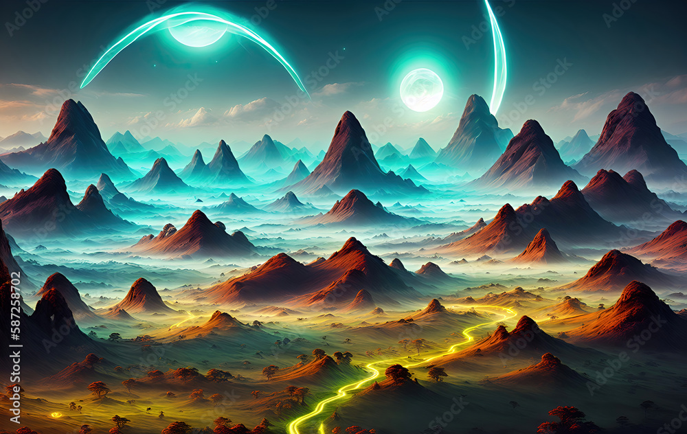 Sensational fantasy landscape, Ethereal, Enchanting, rolling hills, rolling mountains, forests, deep glowing sea, Generative AI