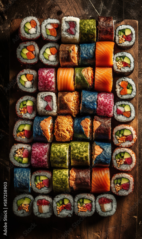 Fototapeta premium Top view of set of sushi food, generative ai