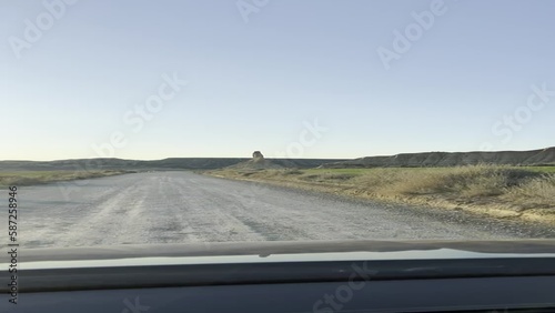 view of the bardenas reales from the car, mountain from the car, largest desert in europe seen from the car, vertically