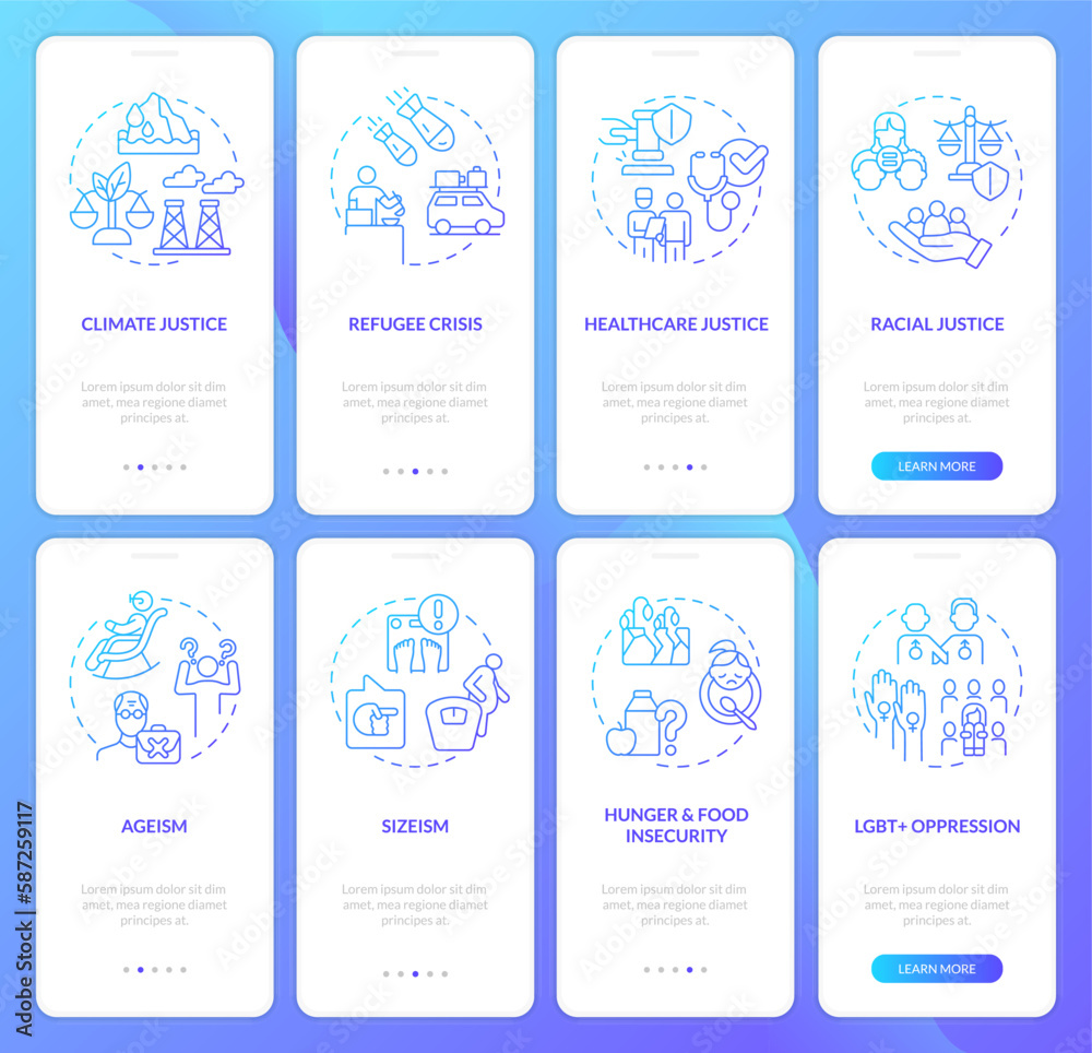 Social problems blue gradient onboarding mobile app screen set. Justice issues walkthrough 4 steps graphic instructions with linear concepts. UI, UX, GUI template. Myriad Pro-Bold, Regular fonts used