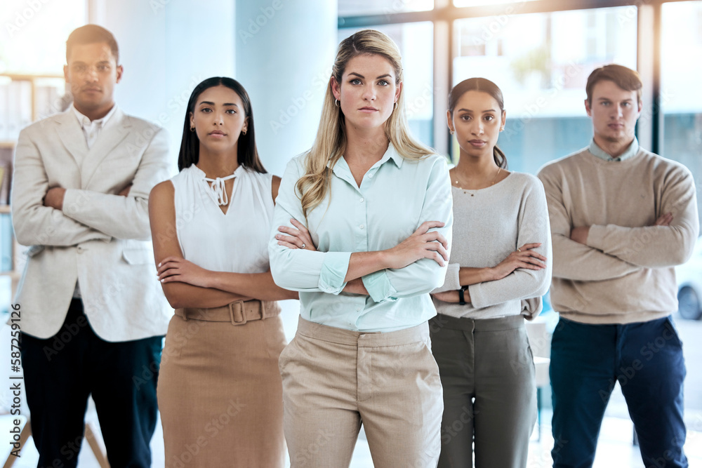 Office, portrait and corporate team with crossed arms for confidence, collaboration and leadership. Diversity, staff and serious business people in collaboration standing together in the workplace. Office, portrait and corporate team with crossed arms for confidence, collaboration and leadership. Diversity, staff and serious business people in collaboration standing together in the workplace.