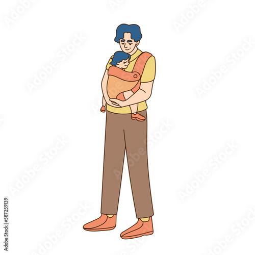 Dad carries his daughter in his arms Cheerful cartoon characters. Vector illustration. Happy Family Sparetime of Kids and Daddy on Maternity Leave