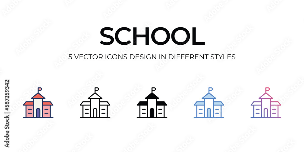 School Icon Design in Five style with Editable Stroke. Line, Solid, Flat Line, Duo Tone Color, and Color Gradient Line. Suitable for Web Page, Mobile App, UI, UX�and�GUI�design.