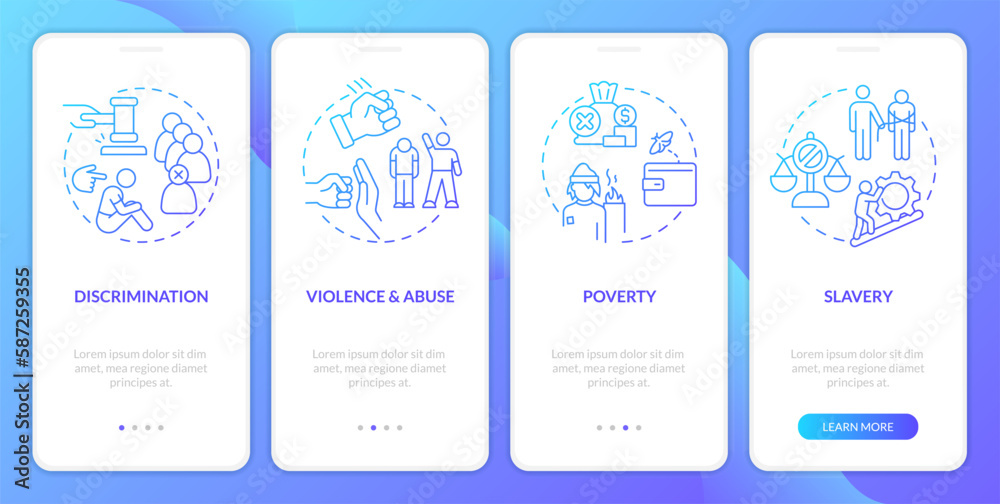 Justice issues blue gradient onboarding mobile app screen. Society problems walkthrough 4 steps graphic instructions with linear concepts. UI, UX, GUI template. Myriad Pro-Bold, Regular fonts used