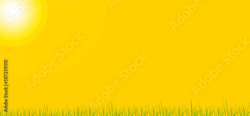 yellow summer sunshine background with green grass border and sun